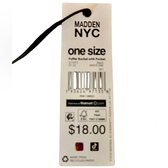 Madden NYC NYT Black Puffer Bucket Hat with Blinged Out Beaded Zip Pocket One Sz - Picture 7 of 13